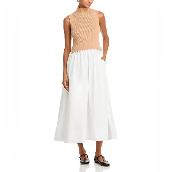 NWT ENGLISH FACTORY Mixed Media Turtleneck Tan/White Midi Dress Sz Large